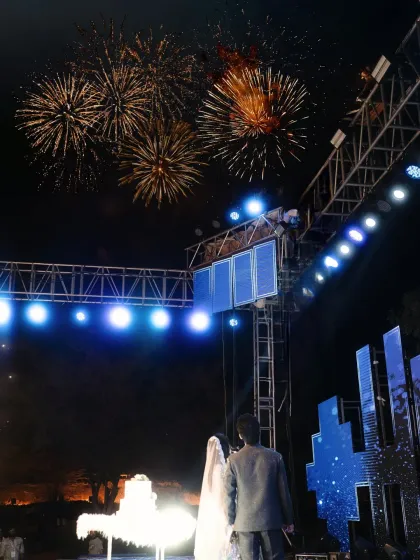 A magical moment for the couple on their Sangeet night, watching the fireworks we arranged light up the sky. It's about creating unforgettable experiences.