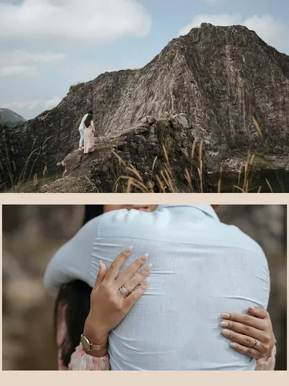 A collage showing both the grand scale of the mountains and the intimacy of an embrace. This tells a complete story of adventure and connection.