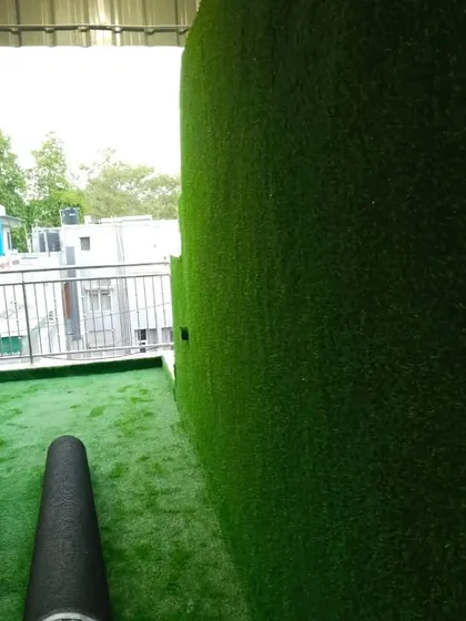 A view from the balcony, showing the texture of the artificial grass wall.
