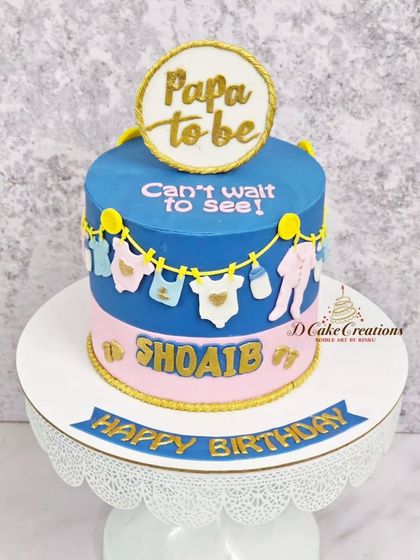 A clean shot of the "Papa to be" cake, showing the fun design that combines a birthday celebration with the excitement of expecting a new baby.