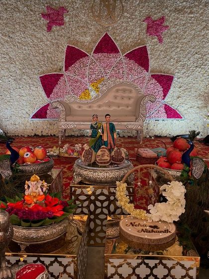 A close-up of the central offerings for the lotus-themed engagement.