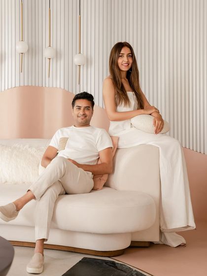 A portrait of us, Maha and Vijay, on the set of the "Marshmallow" photoshoot.