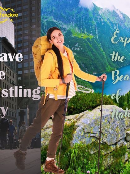 An illustration showing the contrast between city life and the freedom of trekking in nature.