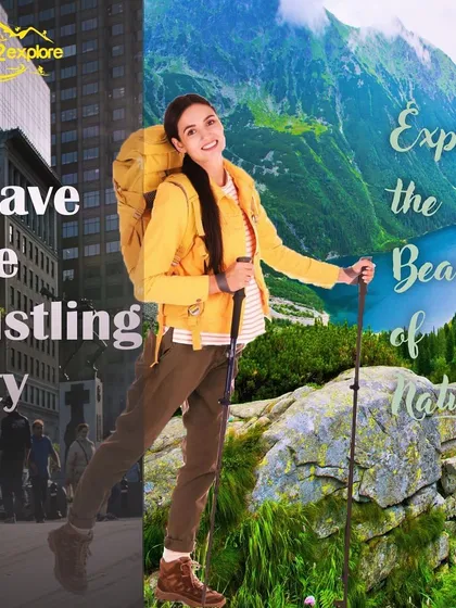 An illustration showing the contrast between city life and the freedom of trekking in nature.