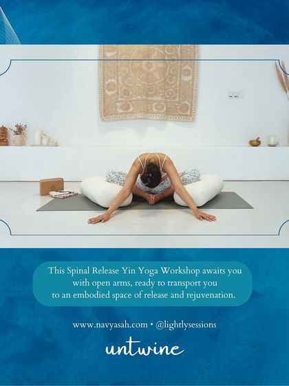 A poster for my "Soothing Spine" Yin Yoga release workshop.