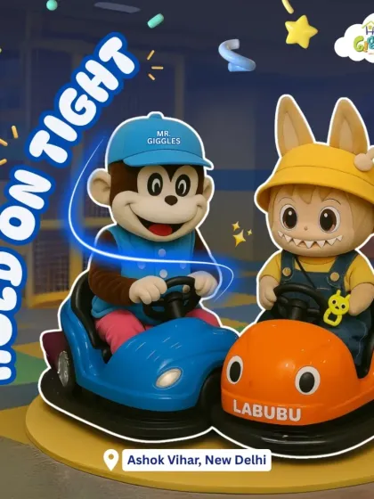 Hold on tight! Mr. Giggles and his friend Labubu are ready for a bumper car adventure. These rides are designed to be safe, exciting, and full of giggles for our youngest visitors.