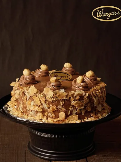 A full view of our decadent Nutella Hazelnut Cake. With layers of rich chocolate sponge and creamy Nutella frosting, topped with whole hazelnuts, it's pure bliss for any chocolate lover.