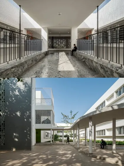 Two views of Vidyashilp Academy: one showing an interior ramp with light filtering through a screen, and the other an exterior covered walkway. Both images demonstrate how circulation spaces are designed to be bright, airy, and connected to the outdoors.