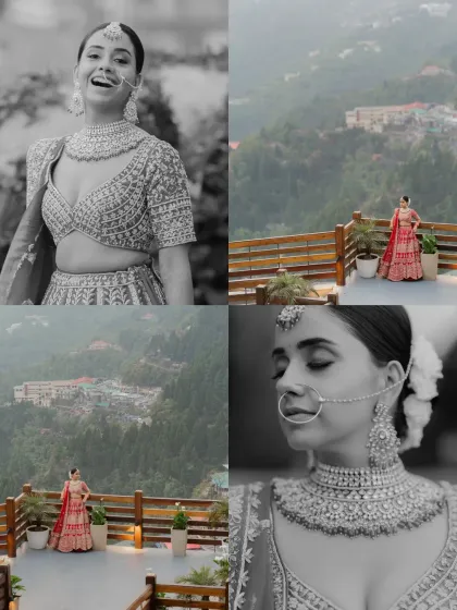 A collage of bridal portraits in both color and black and white. It showcases the bride's joyful laughter and serene poses, all with the beautiful Mussoorie landscape as the canvas.