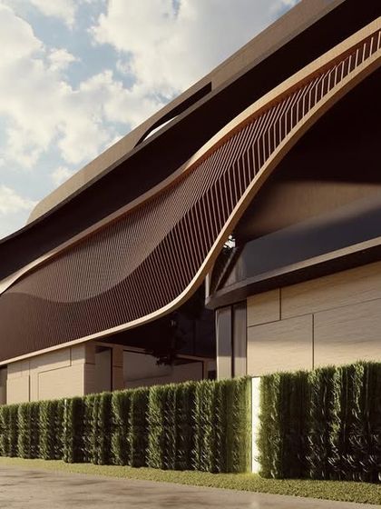 A detail of a facade concept in Amritsar, featuring a wave-like wooden element that adds texture and movement. This design highlights our focus on creating visually dynamic surfaces that are both modern and warm.