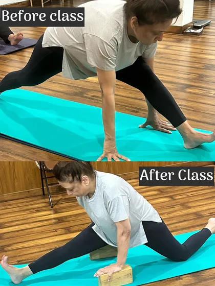 Another example of one-day progress in splits. Using props like blocks allows for a safer and deeper stretch, leading to visible results.