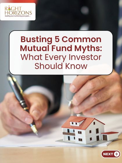 The introductory slide for our carousel "Busting 5 Common Mutual Fund Myths." It shows a professional signing a document next to a model house, symbolizing the serious and goal-oriented nature of smart investing.