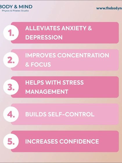 This infographic lists five ways Pilates improves mental health. It alleviates anxiety, improves concentration, helps with stress management, builds self-control, and increases confidence.