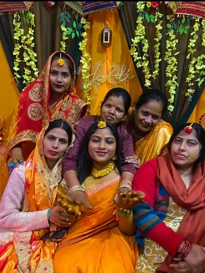 A lovely group photo from a Haldi ceremony. My backdrops are designed to be the perfect spot for capturing memories with family and friends.