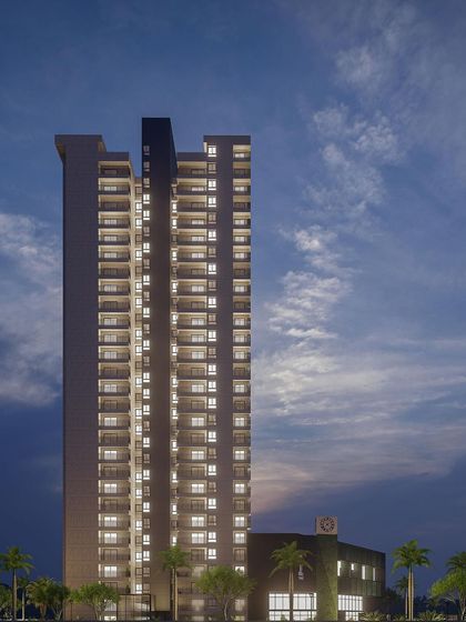 A duplicate of ID 62, this evening view of the mixed-use tower highlights its presence on the skyline. The illuminated balconies create a vibrant pattern, showcasing the life within the building.
