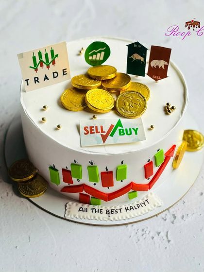 Another look at my popular stock market themed cake. It's a bullish choice for anyone who loves trading, decorated with edible coins and market symbols.