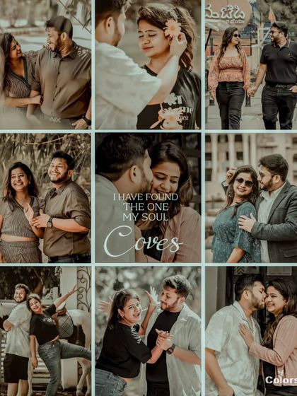 A nine-photo grid collage telling the story of a couple's shoot, centered around the quote "I have found the one my soul loves."