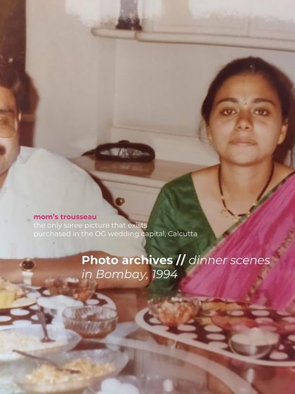 An archival photo from 1994 showing a mother's trousseau saree. This is the kind of precious memory we love to work with, finding ways to make it relevant for today's celebrations.