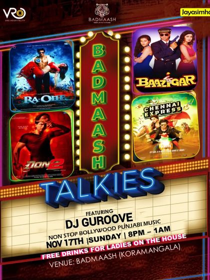 A poster for 'Badmaash Talkies', a unique Bollywood-themed night where I spin tracks inspired by famous movies.