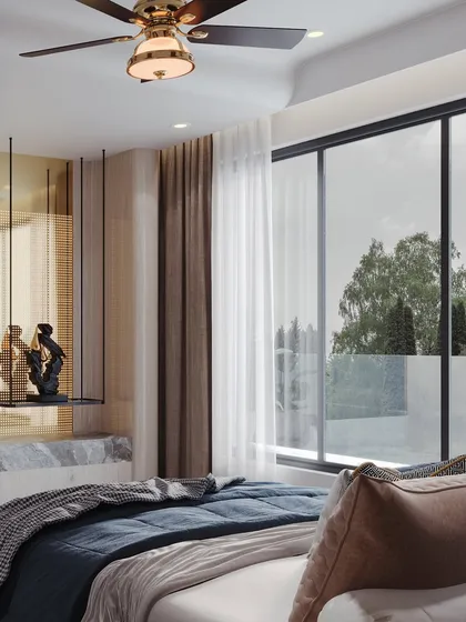 A close-up perspective from the bed, focusing on the view outside and the delicate, suspended bedside shelf. This shot is about evoking the feeling of waking up in a luxurious, light-filled space.