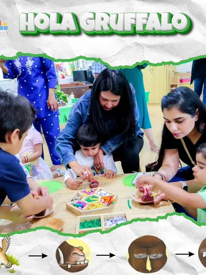Creating the characters from 'The Gruffalo' is a great hands-on activity. Here, parents help their children decorate their own owl, fox, and snake figures, extending the story through art.