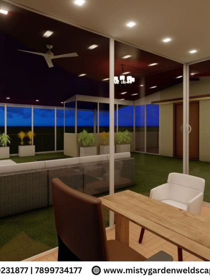 A nighttime 3D render of a fully furnished terrace. We add furniture and lighting to our models to give a complete picture of the finished space's potential for entertaining and relaxation.