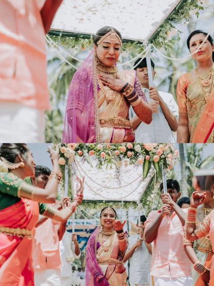 A collage showing the bride's joyful entrance during her 'Mantra Maangalya' wedding. The decor is light and floral, perfectly complementing the happy and progressive spirit of the ceremony.