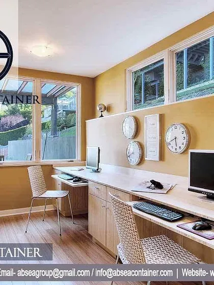 A well-lit and fully furnished office space created within a container. Large windows and modern furniture make this a comfortable and efficient work environment, far from a typical temporary office.