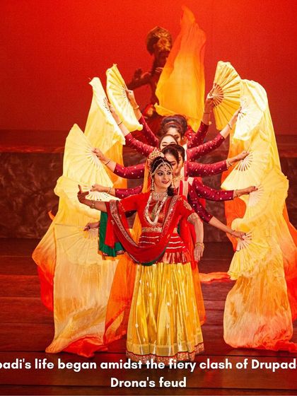 Draupadi's birth from the sacrificial fire is a visually stunning moment. We use creative choreography with fans and silk to represent the flames, capturing the fiery spirit that defines her character throughout the epic.