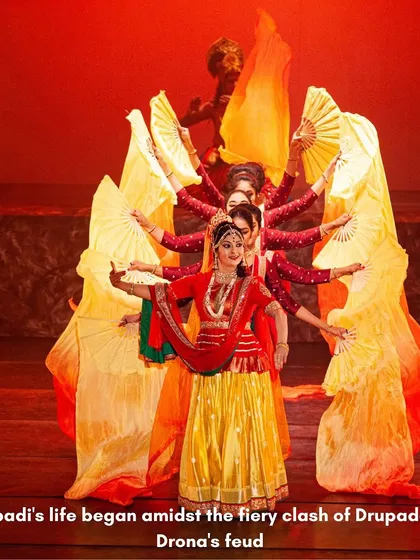 Draupadi's birth from the sacrificial fire is a visually stunning moment. We use creative choreography with fans and silk to represent the flames, capturing the fiery spirit that defines her character throughout the epic.