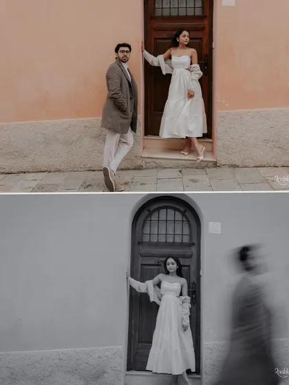 A playful and dynamic diptych from Brinda and Jeet's pre-wedding shoot in Nice, using motion blur to add an artistic, fleeting quality to the moment.