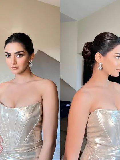 For Miss India runner-up Rubal Shekhawat, I created this sleek and sophisticated braided bun. It's a clean, polished look that is perfect for red carpet events.