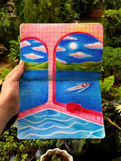 Another dream-like pool scene from my sketchbook, this one featuring architectural arches and a moonlit sky.