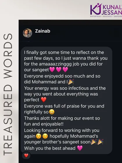 "Your energy was so infectious." This message from the bride is exactly what I aim for. I'm so glad I could make their Sangeet fun and enjoyable for everyone.