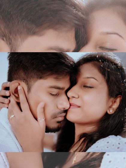A close-up collage from a pre-wedding shoot, focusing on the couple's tender expressions and connection. These shots are all about capturing pure emotion.