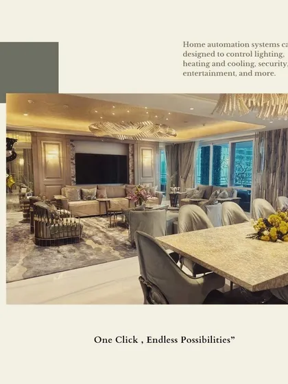 One click, endless possibilities. Our home automation systems are designed to control lighting, heating, cooling, security, and entertainment, as shown in this luxurious living and dining area.