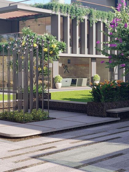 This design for a podium landscape features a central art installation and varied seating, creating a sophisticated community space that encourages interaction.