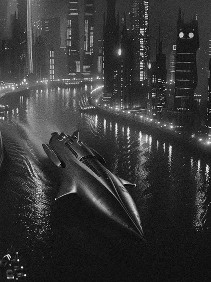A futuristic vessel glides down a river through the heart of 'Bombaytron'. This image focuses on the transportation and infrastructure of this imagined city.