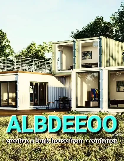 A creative bunk house made from stacked shipping containers. This concept features a rooftop terrace and large glass walls, turning industrial materials into a stylish home.