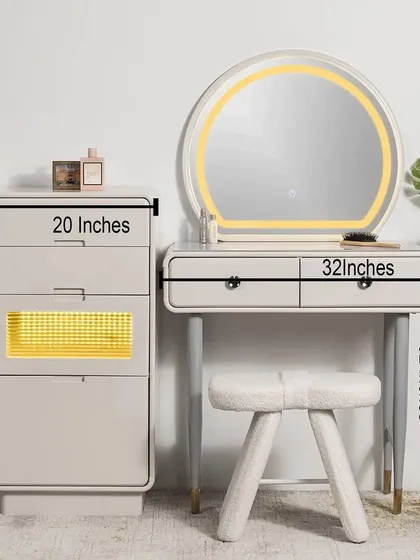 This image provides the complete dimensions for the Mystic Meridian dressing table and storage unit. This helps you plan the perfect placement in your room and ensure it fits your space perfectly.