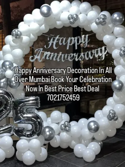 For a classic and elegant 25th silver jubilee, we created this full circular balloon arch using white and silver balloons. The design includes a custom "Happy Anniversary" sign and large silver foil balloons for the number '25', making it a grand centerpiece for the party.