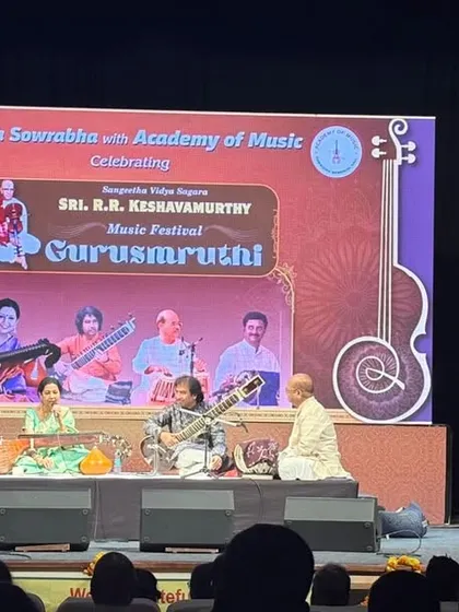 A wide view of my jugalbandi concert with a sitar player at Chowdaiah Memorial Hall. The combination of Carnatic veena and Hindustani sitar always creates a magical experience.