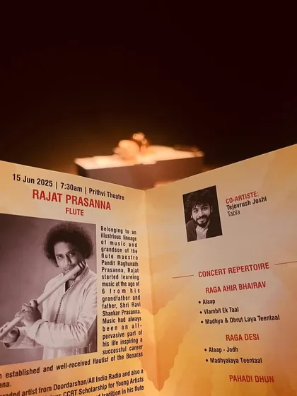 The concert repertoire for the morning performance at Prithvi Theatre with flautist Rajat Prasanna, featuring Raga Ahir Bhairav and Raga Desi.