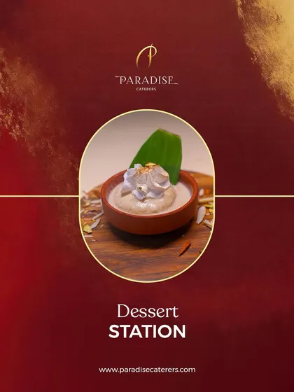 Our Dessert Station is a paradise of flavors. This traditional Indian sweet is served in an earthen pot, garnished with a leaf and nuts.