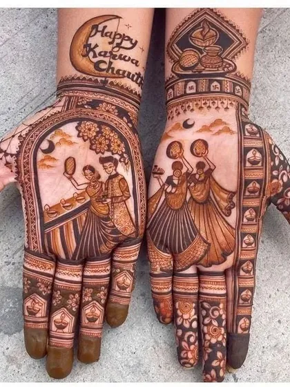 This Karva Chauth special design tells a beautiful story, featuring a wife viewing her husband through the chhalni, complete with the moon and festive diyas.