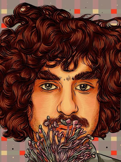 A close-up detail of the Sessa portrait, focusing on his expressive eyes and the floral elements.