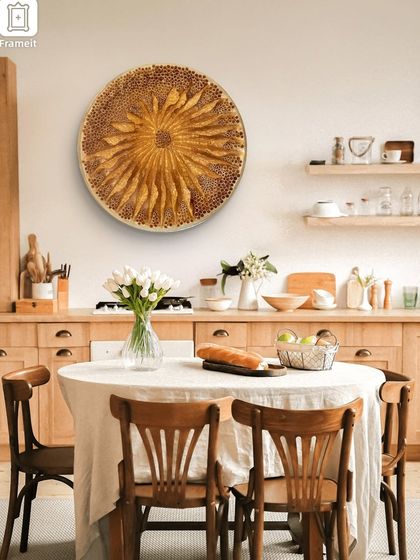 In a rustic kitchen, "The Golden Flower" becomes a warm, sun-like presence, adding a touch of handcrafted elegance.