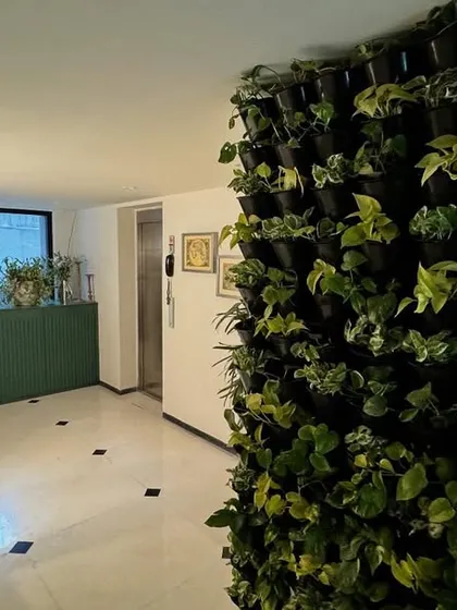 We designed this biophilic entry foyer to create a welcoming and soothing first impression. A full-height living wall brings vibrant nature indoors, contrasting beautifully with the polished floors and clean, modern lines of the space.