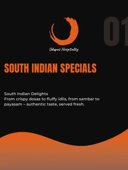 This graphic highlights our South Indian Specials. We offer a full range of authentic delights, from crispy dosas to flavorful sambar and payasam, always served fresh for your event.