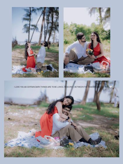 A collage that captures the romantic and playful essence of a picnic date, from a sweet proposal gesture to a loving embrace.